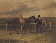 Harry Hall Mr J B Morris Leading his Racehorse 'Hungerford' with Jockey up and a Groom On a Racetrack oil painting reproduction